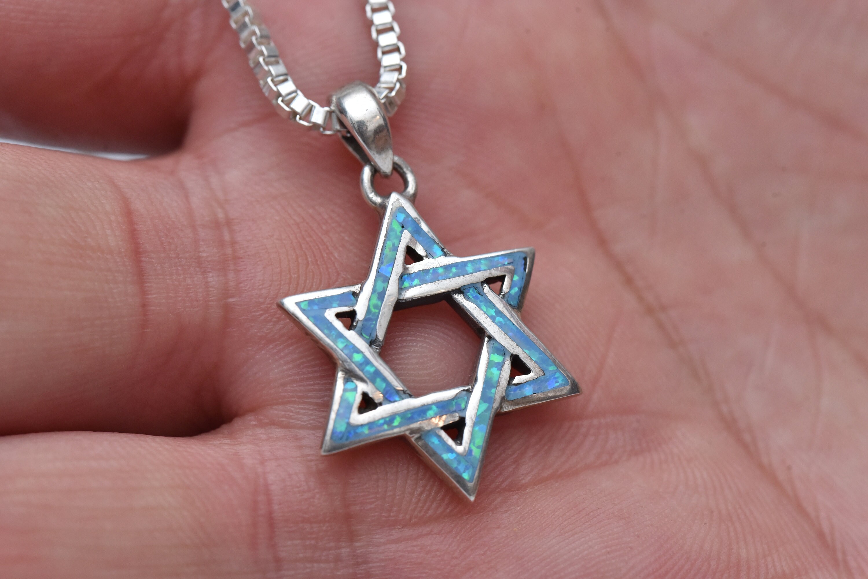 Jewish Star Necklace star of David Opal Necklace blue Gemstone