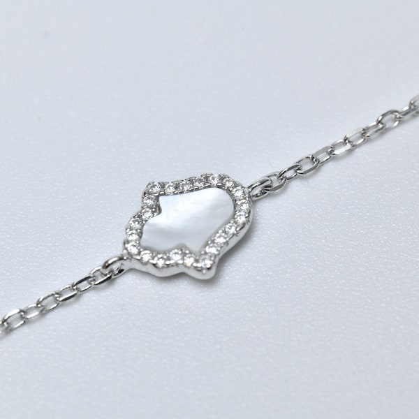 Dainty Silver Hamsa Bracelet-White Gemstone Hamsa-Hand of Fatima-925 Sterling Silver-Evil Eye Bracelet-Minimalist Bracelet-Gift for Her