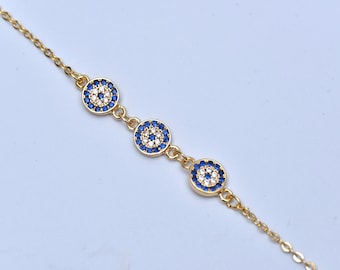 Gold Evil Eye Bracelet, Delicate Fatima Hand, Blue Topaz Stone, Gold Bracelet, Evil Eye Jewelry, Gift for Her
