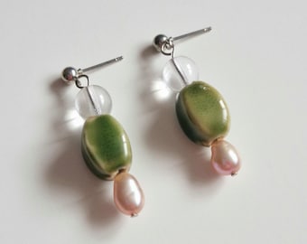 Olivetini ~ Olive Dirty Martini Dangle Earrings: Ceramic Olive, Freshwater Pearl