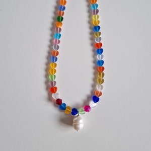 Matisse Heart Beaded Necklace: Multicolored Glass Beads, Freshwater Pearl Charm