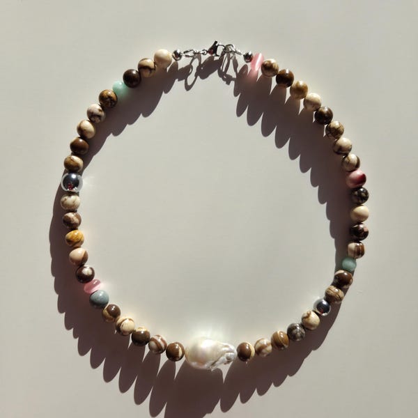 Collier de perles de jaspe ~ Perle boule de flamme et pierres semi-précieuses.