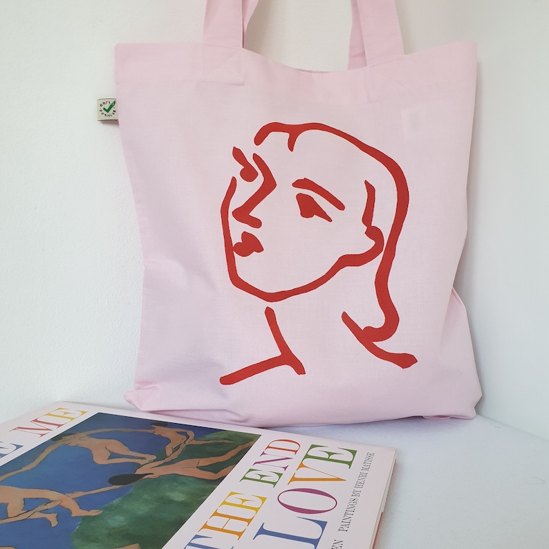 Nadia in Love Organic Tote Bag Pink Cotton Canvas Art Bag with Matisse drawing printed in Red