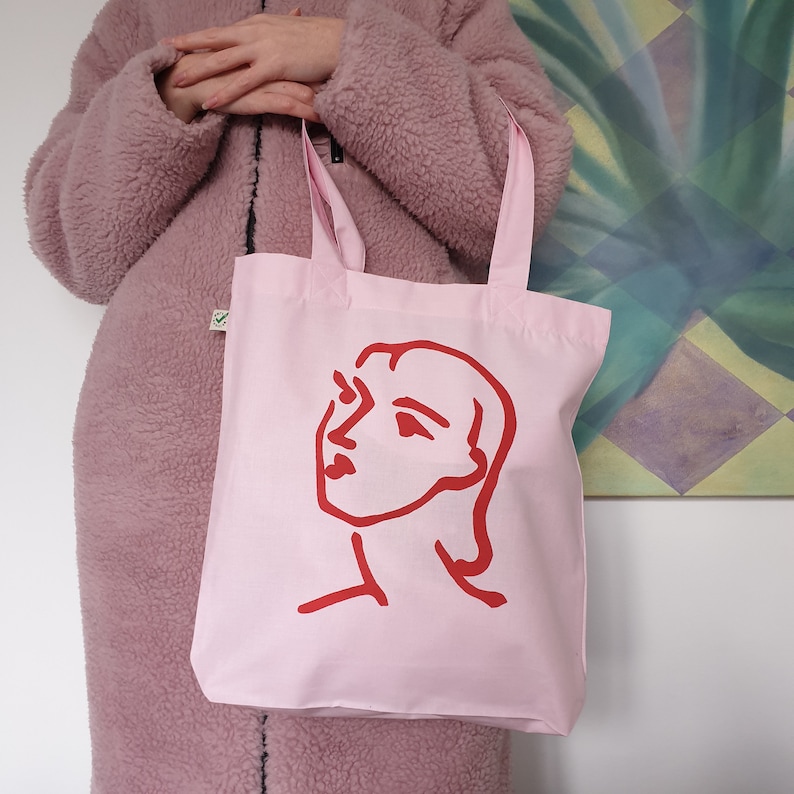 Nadia in Love Organic Tote Bag Pink Cotton Canvas Art Bag with Matisse drawing printed in Red
