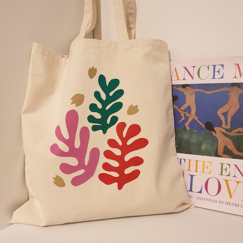 Leaf Tote bag in the style of Matisse printed in Pink Red Green and Gold, organic cotton canvas tote / book bag 