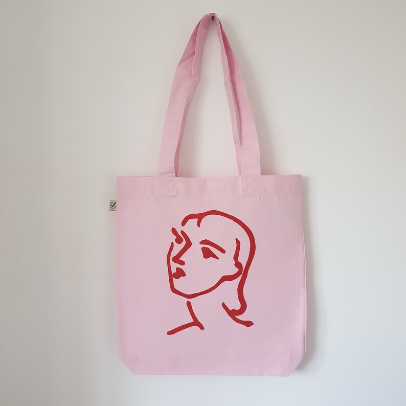 Nadia in Love Organic Tote Bag Pink Cotton Canvas Art Bag with Matisse drawing printed in Red