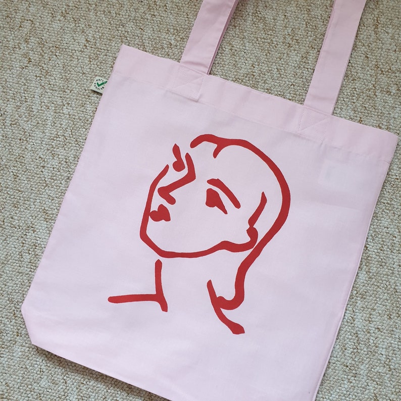 Nadia in Love Organic Tote Bag Pink Cotton Canvas Art Bag with Matisse drawing printed in Red
