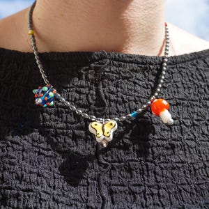 Kusama Charm Necklace: Hematite Beads, Mushroom, Butterfly & Pumpkin