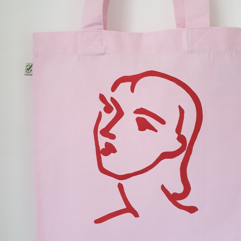 Nadia in Love Organic Tote Bag Pink Cotton Canvas Art Bag with Matisse drawing printed in Red