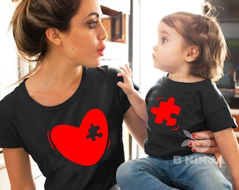 Matching Mother and Child T-Shirts - Personalized Gift Set, Family Photo Outfit (Puzzle Heart Design)