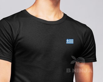 May include: A black t-shirt with a small embroidered Greek flag on the chest.