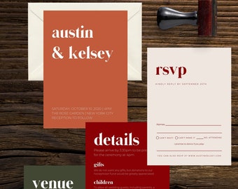 Bold, Colorful, Simple Wedding Invitation Suite Template, Modern Wedding Invitation, Abstract Invite, Printable and Editable Download