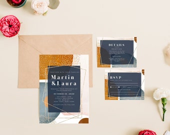 Abstract Watercolor Wedding Invitation Suite Template, Modern Wedding Invitation, Abstract Invite, Printable and Editable Download