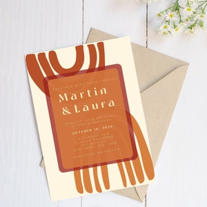70s Inspired Wedding Invitation - Warm Tone Wedding - Editable & Printable Template - Rainbows - Canva