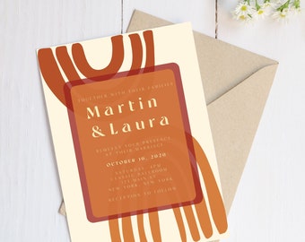 70s Inspired Wedding Invitation - Warm Tone Wedding - Editable & Printable Template - Rainbows - Canva