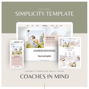 May include: A website template designed for coaches, featuring a simple and clean layout with a call to action button. The template includes a header with a logo, navigation menu, and a background image of a woman in a city setting. The text "Title Goes Here" is displayed in a pink box with a white border.