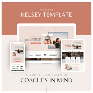 May include: A website template for coaches, featuring a pink and white color scheme with a floral design. The website is designed to help coaches turn their dreams into reality. The template is featured in Forbes, Glamour, Today, and the New York Post.