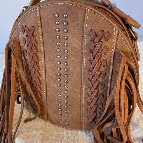 Southwest Fringe Circle Bag/Crossbody-Brown Trendy Boutique Purse-Silver Studs-Criss Cross Stitch Detail-Western Style-Women's Handbag