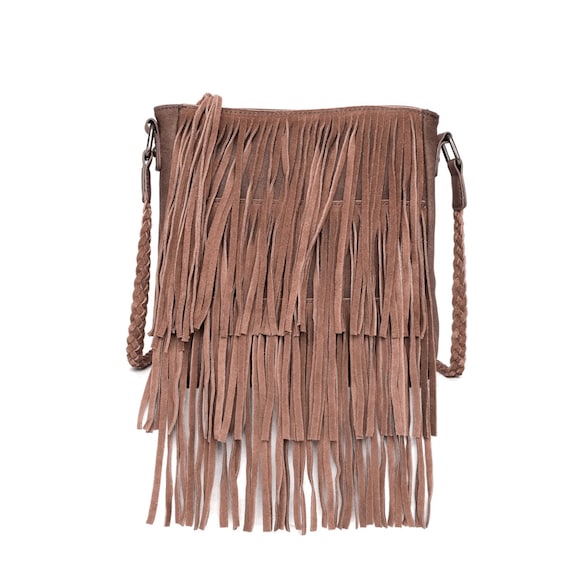 Western Genuine Leather Floral Tooled Fringe Womens Crossbody Bag 