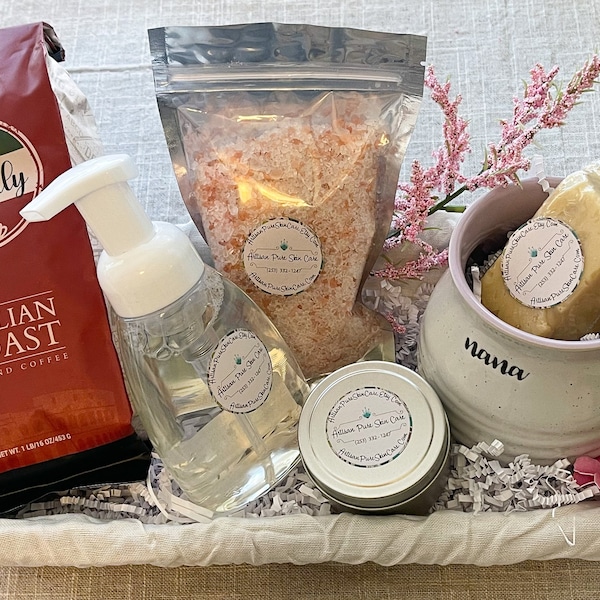 Coffee Gift Basket for Nana-Coffee & Spa Gift Set-Italian Roast Coffee-Bath Salts-Body Butter-Soap-Gift for Grandma