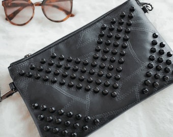 Studded Leather Crossbody Bag w/Wristlet Strap-Samantha Vintage Studded Black Vegan Leather Shoulder Bag-Modern Bag