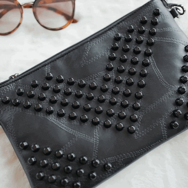 Studded Leather Crossbody Bag w/Wristlet Strap-Samantha Vintage Studded Black Vegan Leather Shoulder Bag-Modern Bag