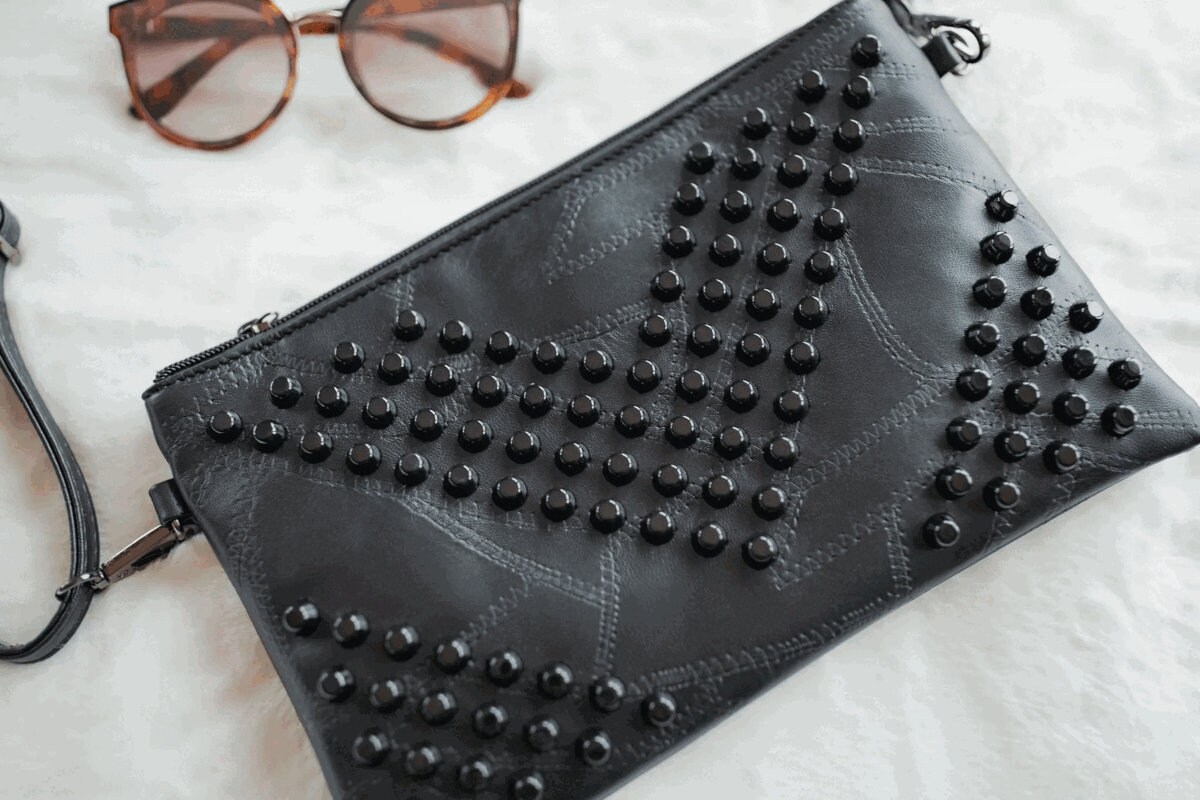 Black Spikes Studs Punk Rock Gothic Oversized Envelope Clutch Bag Purse