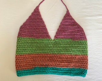 Berry Striped Crochet Halter Crop Top