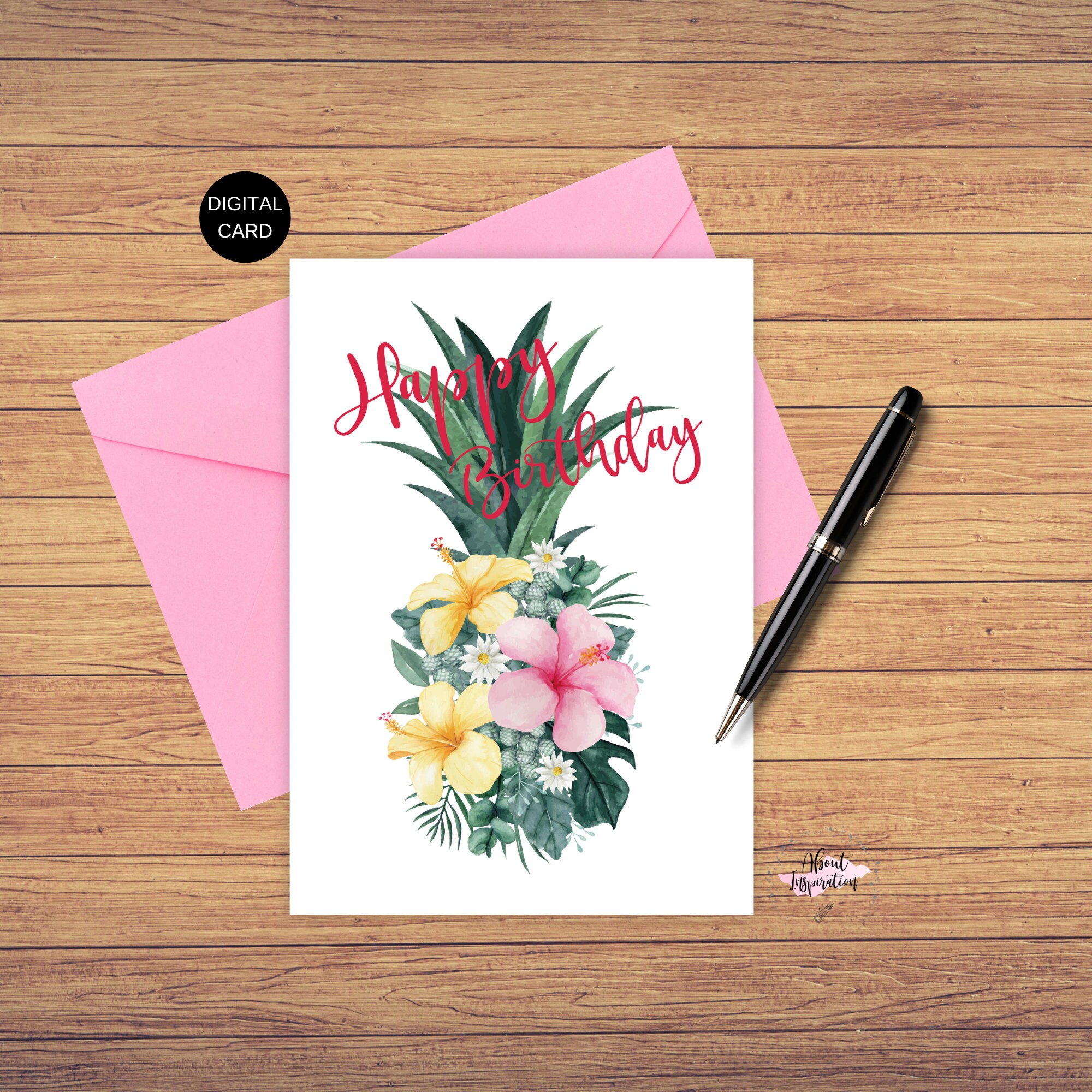 Printable Happy Birthday Floral Pineapple Greeting Card | Etsy