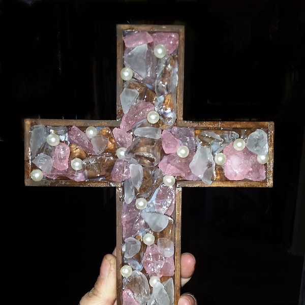 Pink and White Sea Glass Cross Decor with/without Pearls