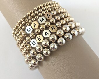 Mama Bear Bracelet | stretch, stack gold bead word bracelet set. Give your mom what she wants for a  gift. Stack bracelet