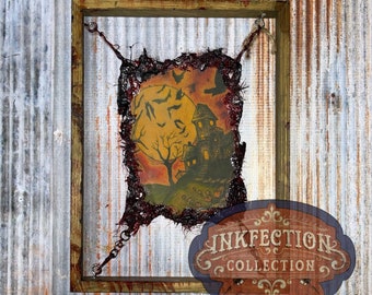 Spooky Haunted House  - Framed INKfection Tattoo Art - Horror / Oddities Decor - Haunted House / Halloween Prop