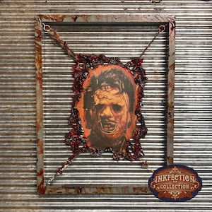 Face of Leather with a Saw of Chain - Framed INKfection Tattoo Art - Horror / Oddities Decor -  Halloween / Haunted House Prop