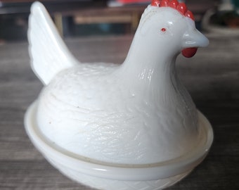 Bol gigogne poulet en verre à lait vintage Indiana, plat couvert