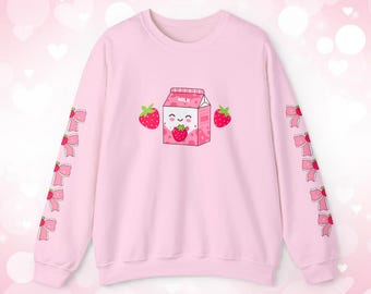 Sudadera de cuello redondo con leche de fresa kawaii: sudadera rosa pastel de Harajuku, moda japonesa coqueta, estética de e-girl de anime