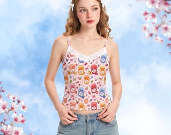 Kawaii Jam Glas Lace Cami: Y2K Coquette Fruit Tank, Pastell Pink Cutecore Top