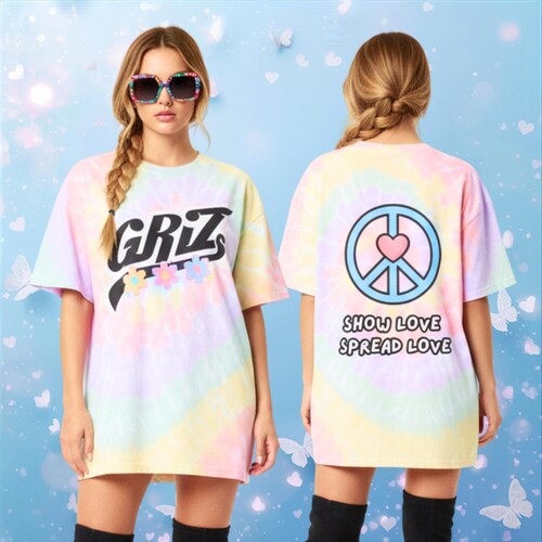 Maglietta Griz Pastel Tie-Dye: Mostra amore, diffondi amore, T-shirt per festival EDM, merchandising realizzato dai fan di artisti EDM, estetica funky retrò, stile Basshead Wook.