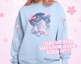 Sweat pastel lune et nuage Sakura, fleurs de cerisier Yume kawaii, col rond coquette Fairycore, Angelcore J-Fashion, esthétique Fairy Kei
