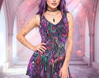 Trippy Y2K Scene Queen Rave Mini Dress: Witchy Pastel Goth Festival Outfit, Dark Psychedelic Drip Party Ravewear