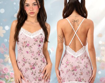 Coquette Floral Mini Slip Dress – Lace Trim Fairycore Cami Dress with Cross Back, Soft Girl Pink Lingerie Dress, Romantic Y2K Aesthetic
