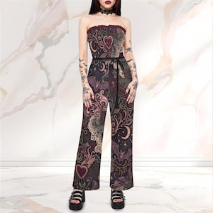 Romantisk gotisk jumpsuit med vida ben: Häxig månfärgad fladdermusblommig sparkdräkt, mörk kokett vår- och sommaroutfit bild 4