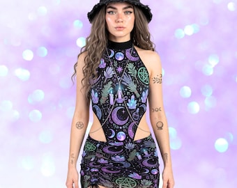 Spellbound Rave Set: Witchy High-Leg-Cut Bodysuit + Sheer Mesh Mini Skirt, Whimsigoth Festival Outfit, Mystical Occult Ravewear