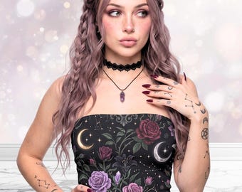Whimsigoth Cosmic Floral Tube Top: Hexig Dunkel Romantisches Crop, Mystisch Dunkel Feminine Kleidung