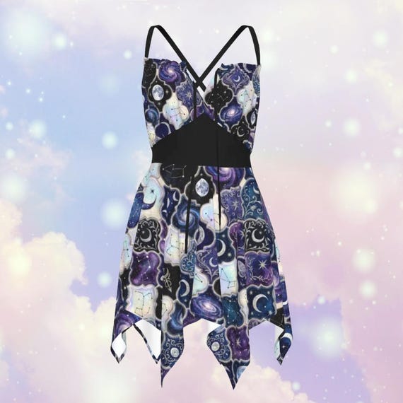 Celestial Pixie Dress: Witchy Moon Star Mini, Gothic Fairy Hanky Hem Festival Outfit, Dark Femme Astrology Outfit