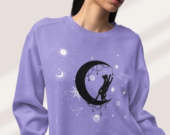Sweat-shirt couleurs confort croissant de lune chat céleste, col rond astrologie sorcière, cadeaux pour amoureux des chats cosmiques, esthétique fantaisie douillette