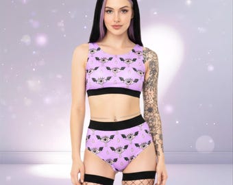Pastel Goth Rave Set: Kawaii Lingerie, Spooky Cute E-Girl Festival Outfit, Witchy Bat Print, Creepy Cute Loungewear, High-Waisted 2 Piece