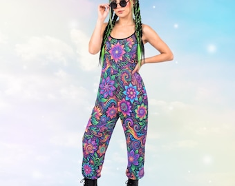 Trippy Wook Festival Jumpsuit: Psychedelische Regenbogen Floral Rave Overall, bequemes einteiliges Hippie EDM Outfit für Frauen