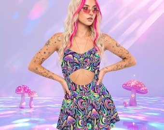 Neon Drip Rave Mini Dress: Trippy Mushroom EDM Festival Outfit