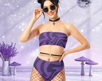 Ensemble rave psychédélique violet : tenue de festival Fairycore sombre pour femmes, bandeau trippy et bas taille haute, esthétique Space Goddess