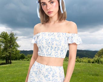 Boho Meadowcore 2-teiliges Set: Maxirock mit floralem Botanischem Schlitz, schulterfreies, gesmoktes Crop-Top, Milchmädchen-Gartenparty-Outfit